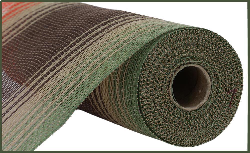 A close-up of the 10.25 x 10Yd Faux Jute Ombre Mesh Brown/Natural/Orange/Moss (RY8336EA), partially unrolled to highlight its woven texture and cylindrical form.