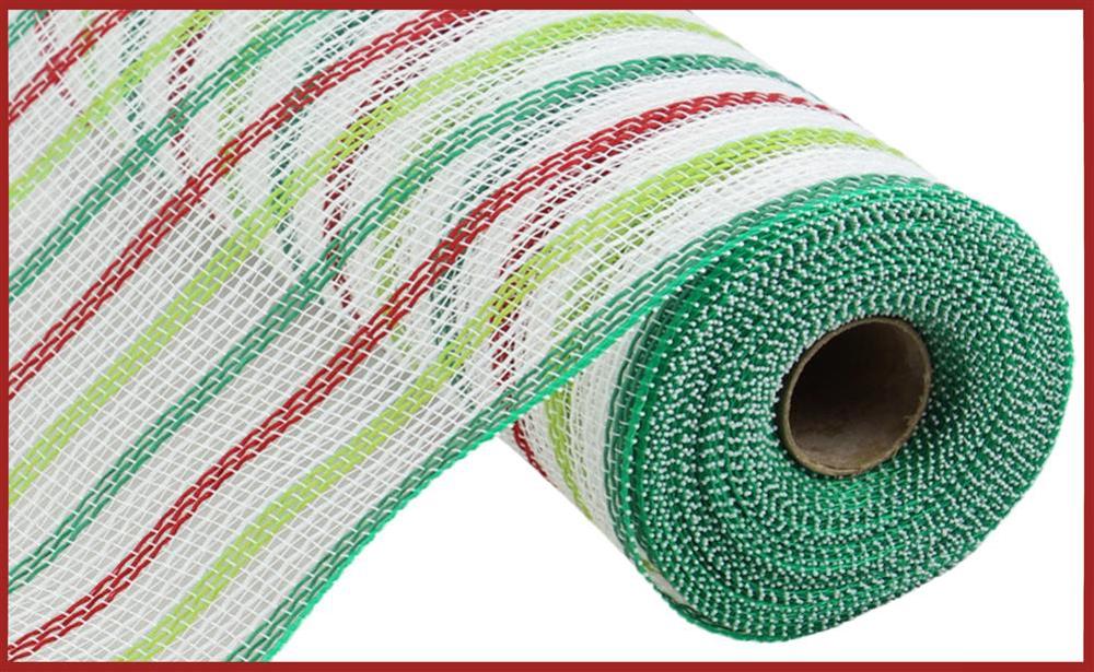 The 10.25X10Yd Faux Jute Stripe Mesh features horizontal bands in white, red, and green hues with a solid green border. Neatly rolled, this decorative mesh adds a touch of elegance to any setting.