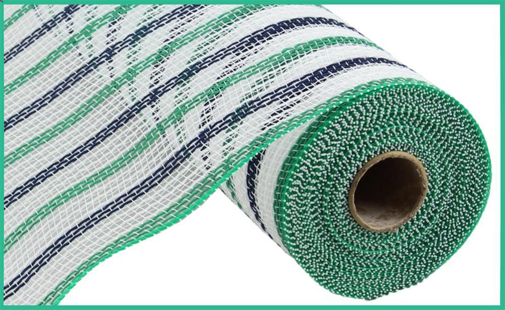 A partially unrolled 10.25X10Yd Faux Jute Stripe Mesh in white, emerald, and navy (RY8338CC), featuring alternating stripes and reinforced green stitching, is displayed against a white background.