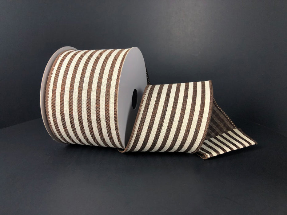 Chocolate Linen/Ivory Cabana Stripes, 2.5"X10Y Ribbon X916340-38
