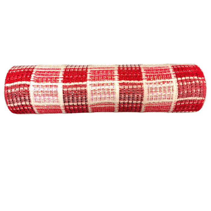 Introducing the "Rd-Wht-Irid Fuzz Snow Chex" fabric roll, featuring a 10"X10Y mesh in a vibrant red, white, and pink plaid pattern. Crafted from durable polyester to ensure lasting quality.
