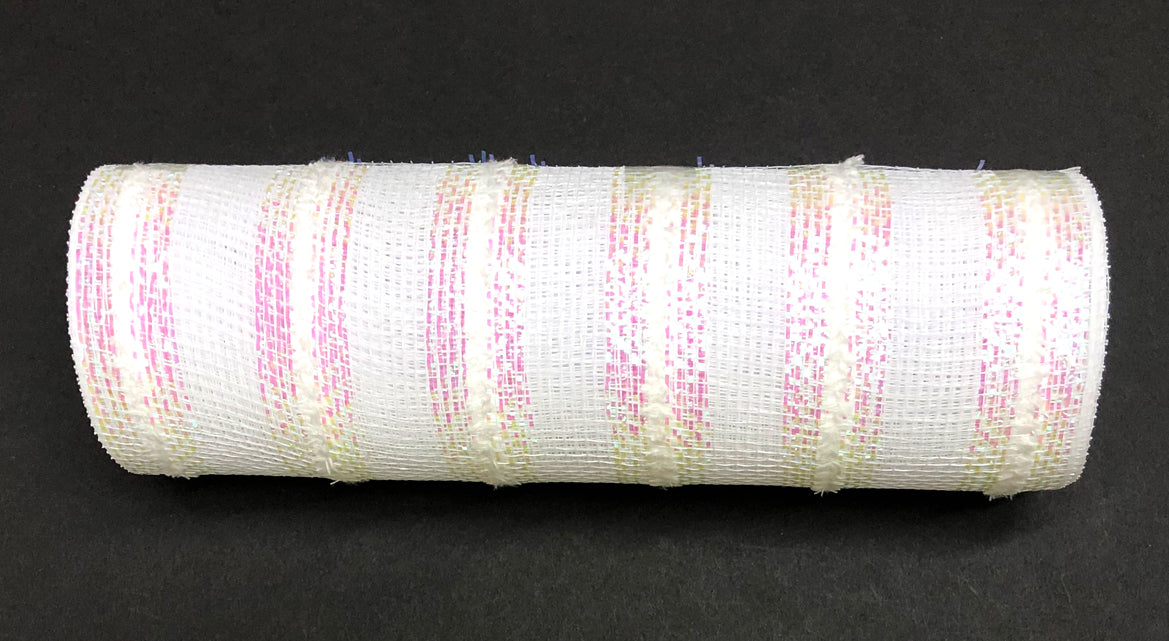 A white cylindrical mesh roller with vibrant fuzzy pink stripes contrasts a black backdrop. This 10X10Y White-Wide Irid-Fuzzy Stripe Mesh, XB107310-01, elegantly spans 10 yards of craftsmanship.