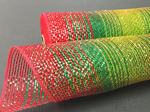Two rolls of Emerald-Lime-Red Black Metallic Mesh, 10X10Y (XB99310-17), rest unrolled on a dark surface, displaying their shiny, woven texture and flexible decorative appeal.