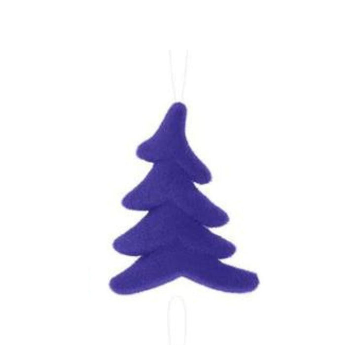 The 7"Hx5.5"L Flocked Whimsical Tree, available in six assorted bright colors (XJ449199), is a simple, plush blue Christmas tree ornament hung by a thin string. Featuring distinct layers and a whimsical design, it exudes a soft and cozy appearance against a plain white background, reminiscent of an enchanting flocked tree.