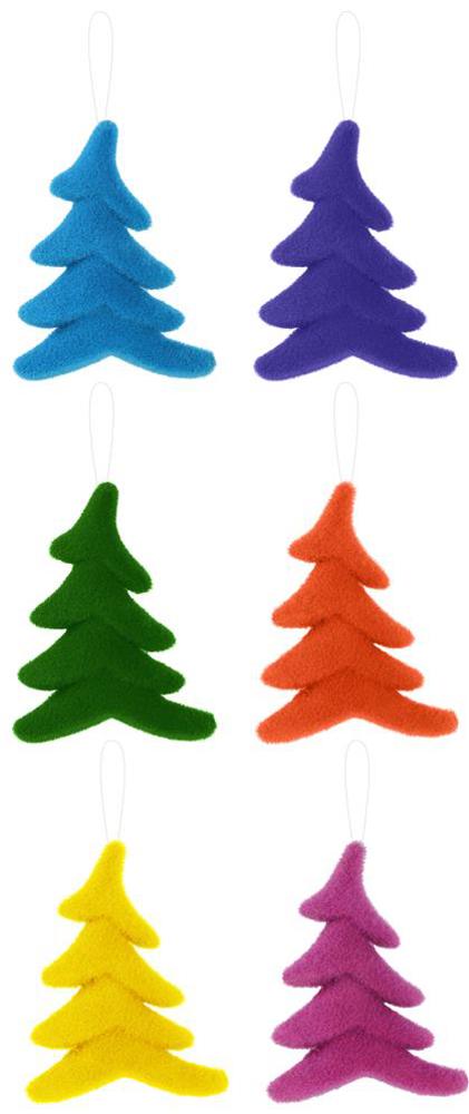 The 7"Hx5.5"L Flocked Whimsical Tree ornaments, product XJ449199, come in a set of six assorted bright colors: blue, purple, green, orange, yellow, and pink. Each ornament features a convenient loop at the top for easy hanging and are neatly arranged in two columns.