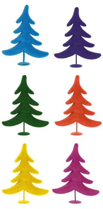 The 11"Hx8.5"L Flocked Whimsical Trees, in six assorted bright colors—blue, purple, green, orange, yellow, and pink—are arranged in two vertical columns. Each tree features a simple layered design and stands on a small base.