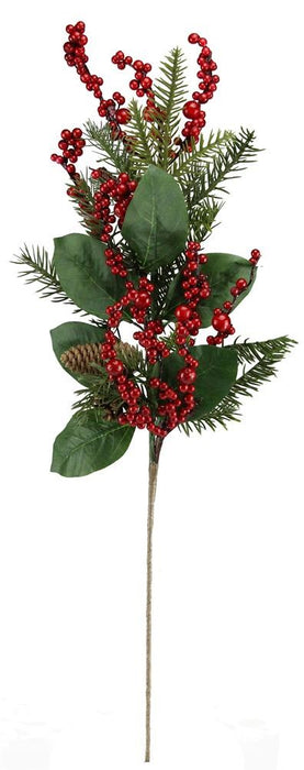 The 32L Berry/Pine/Magnolia Leaf Spray Red/Tt Green/Natural XX2290 features green pine needles, broad magnolia leaves, red berries, and a brown pine cone on a single brown stem for a classic holiday look.