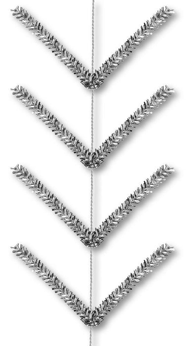 The Pencil Work Garland Metallic Silver XX752526 features five vertically aligned, downward-pointing chevron shapes made from silver metallic pipe cleaners, threaded with string and displayed against a white background.