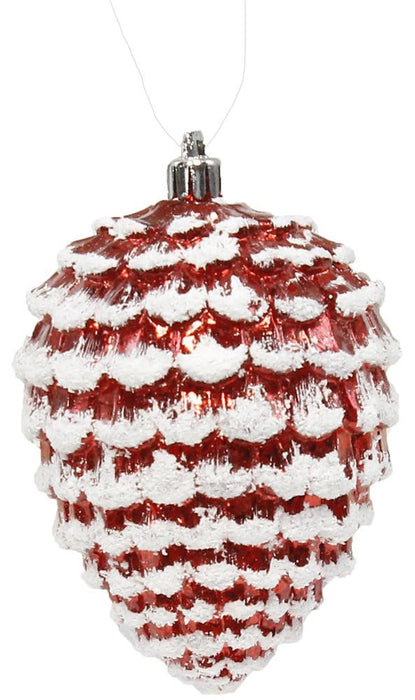 The 4.5L Antique Look Cone Ornament (Red/White, XY8082MA) features a vintage pine cone shape with snow-like accents and hangs elegantly by a thin string.