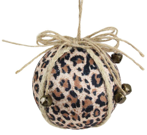 The 4"Dia Leopard Print Fabric Ball Ornament (Beige/Black/Brown, XY946401) features twine wrapping, small bells, and a twine bow with loop for easy hanging.