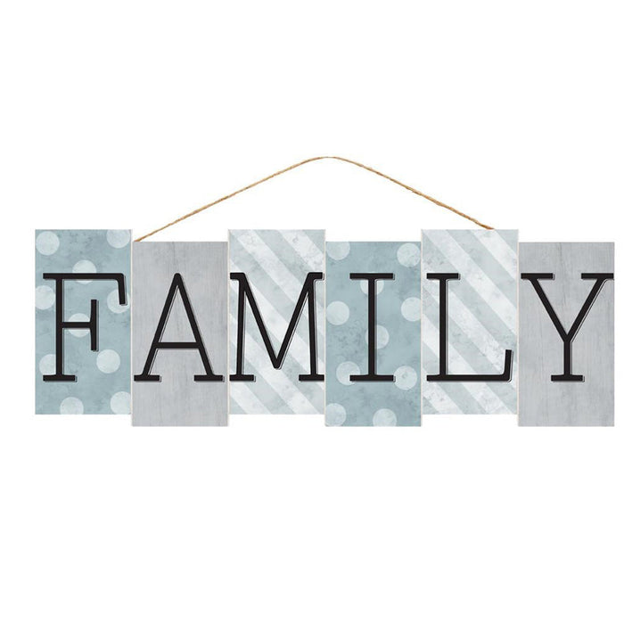 The 14 Family Block Style Sign AP7033 features six blue or light grey MDF panels that spell out FAMILY in bold black letters and hangs by a thin string.