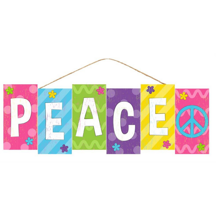 The 14 Peace Brights Block Sign AP7034 features six colorful MDF/paper panels spelling PEACE, with floral and stripe designs in pink, blue, lime, yellow, purple, and white; the last panel displays a peace symbol.