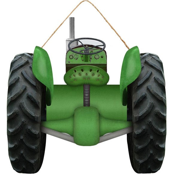 The 11.75H x 12W AP706409 vintage-style green/black tractor ornament features large textured wheels, a steering wheel, and a chimney, with an attached loop for hanging. It is both eye-catching decor and a symbolic tractor sign for enthusiasts.