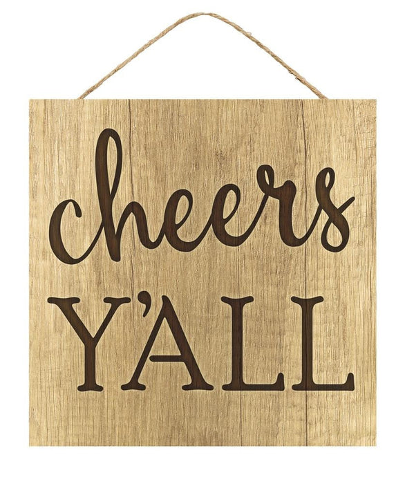 The 10 Cheers Yall Sign AP7130 is a light tan MDF/paper sign with cheers YALL in bold cursive and block letters, elegantly hung by twine.