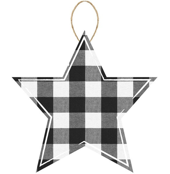 The 12 Black Grey White Plaid Star Sign (AP858402) is an MDF ornament with a black, grey, and white plaid pattern and a brown string loop for hanging.