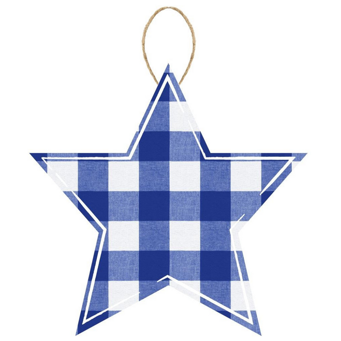 The 12 Blue Light Blue White Plaid Star Sign (AP858403) is a star-shaped ornament made from MDF, showcasing a blue and white plaid pattern. It features a thin rope at the top for easy hanging.