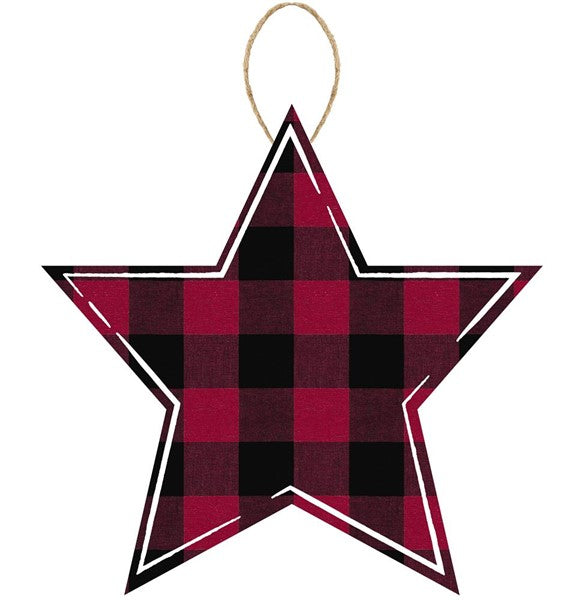 The 12 Red Black Plaid Star Sign (AP858449) is a star-shaped MDF ornament with a red and black plaid pattern, white and black outline, and hangs from a twine loop at the top.