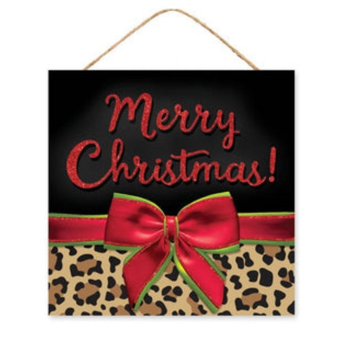 10"Sq Leopard Print Merry Christmas Sign  Black/Tan/Brown/Red/Lime  AP8946