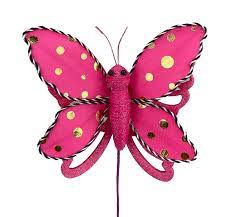 Add a playful touch to your décor with the 13 Hot Pink Polka Dot Butterfly Pick 63111BT—featuring glittery wings and black-and-white striped edges, shown against a white background.