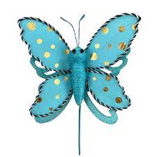 The 13 Blue Polka Dot Butterfly Pick 63111BL features gold polka dots and black-and-white striped wing edges, shown against a plain white background.