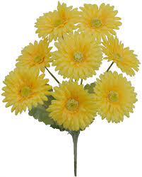 A 17 Gerber Bush with 8 Stems, Yellow (82495-YEL), features vibrant yellow flowers and green centers on lush single stems adorned with green leaves.