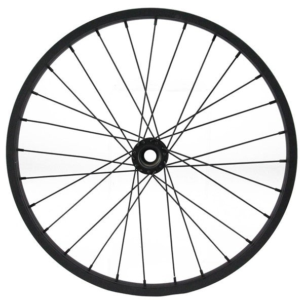 The 16.5 Black Bicycle Wheel MD050702 features a sleek black aluminum rim with thin spokes in a radial pattern connected to a central hub, all set against a plain white background for striking contrast.