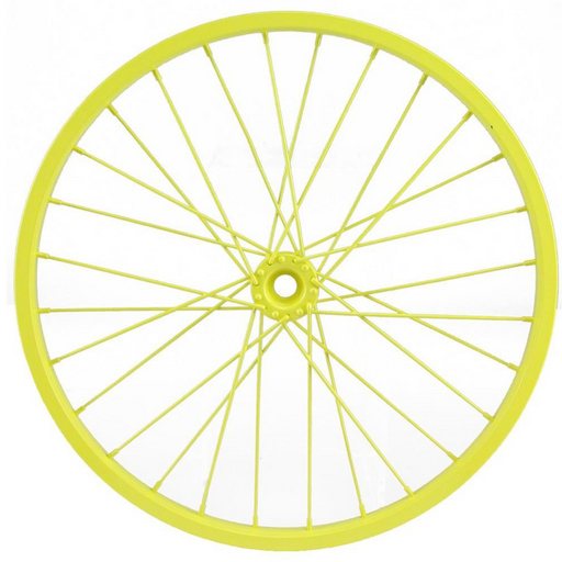 The 16.5 Yellow Bicycle Wheel MD050729, made of aluminum, features numerous evenly distributed spokes radiating from the central hub to the rim against a white background, creating a decorative and symmetrical pattern.