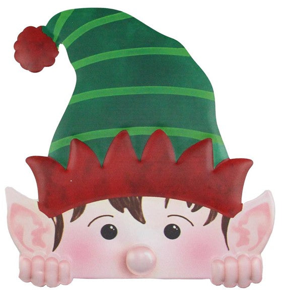 12" Embossed Metal Peeking Elf Christmas Sign MD0587