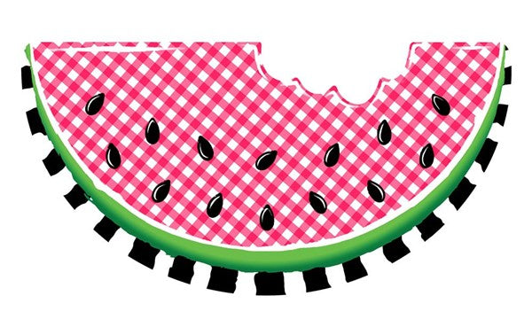 The 12L x 6.25H Emboss Gingham Watermelon sign (MD0710) features a stylized slice with a pink and white checkered picnic blanket pattern, black seeds, green rind with white edge, and a bite taken out of the top—perfect for adding charm to any decor.