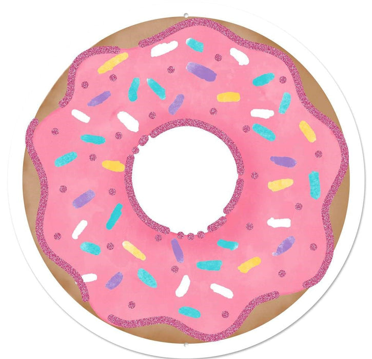 A round donut with pink icing and colorful sprinkles, seen from above. Its scalloped icing adds charm, making it ideal for the 12Dia Metal/Glitter Donut Sign in Pink/Tan/Turquoise/Yellow/Lavender/White (MD0831).