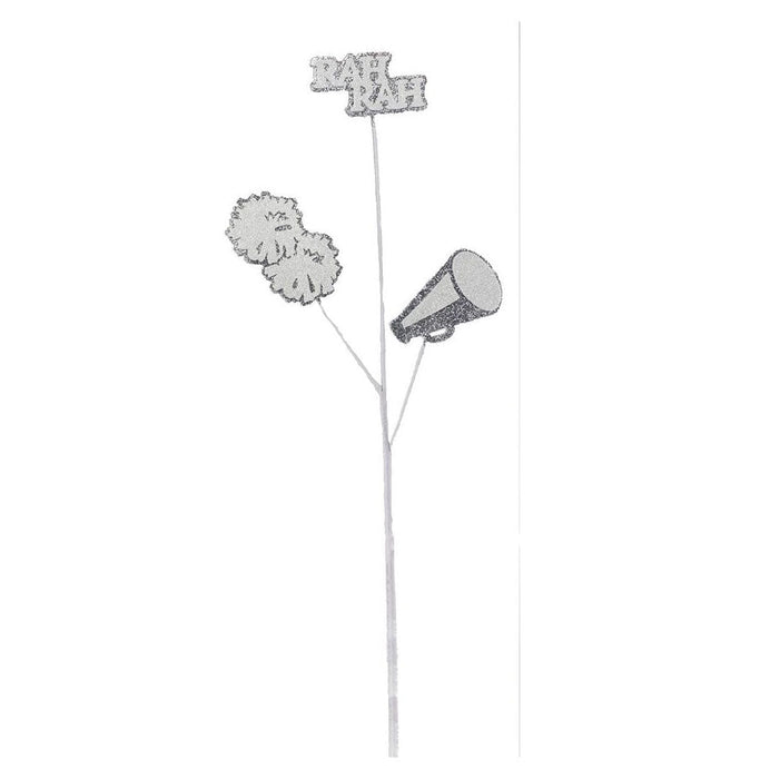 The 24 Silver White Glitter Cheer Pick MN009126 features three glittering elements on a stick: silver MHS letters, a fluffy pom-pom, and a dazzling megaphone.