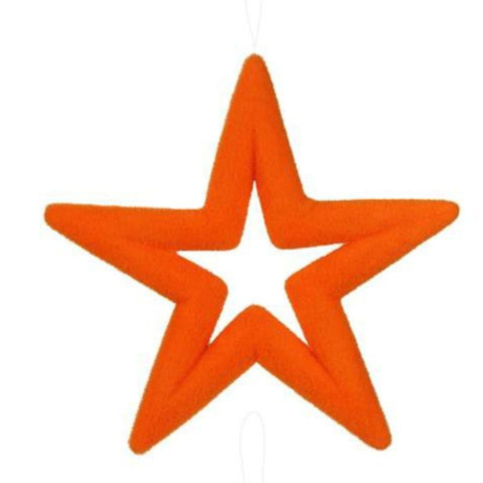 A 14"Lx14"H Flocked Open Star decorative object in orange, turquoise, yellow, and pink with a hollow center, suspended against a white background.