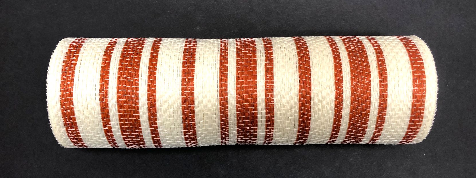 A 10x10Y Cream-Dark Orange Ticking Stripe Mesh (polypropylene, XB103710-47) is shown as a cylindrical white tube with evenly spaced dark orange stripes on a black background.