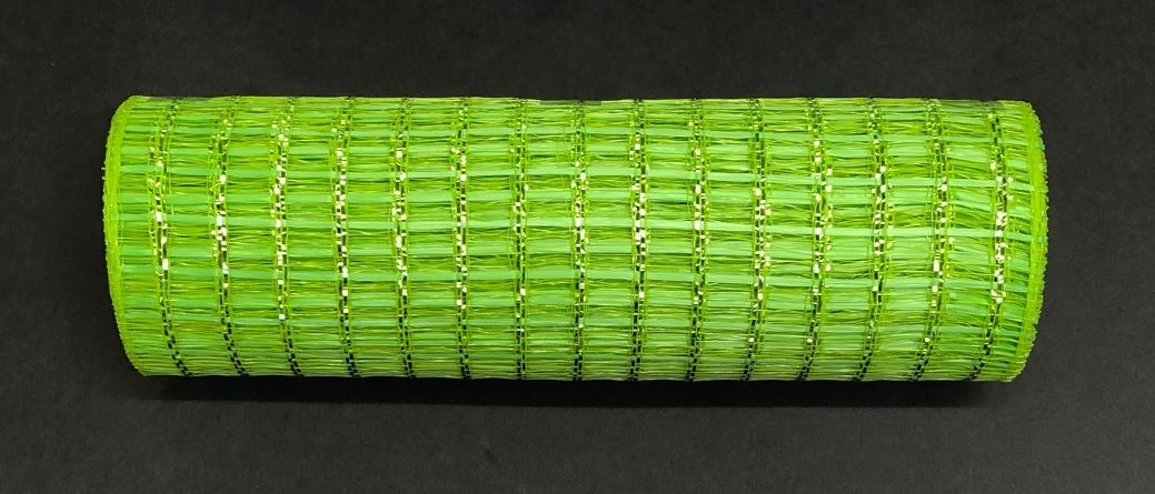 A vibrant Lime Metallic Wide Weave Mesh, 10X10Y is rolled up against a black backdrop. Made from polypropylene, its sleek and modern design features evenly spaced vertical and horizontal lines.