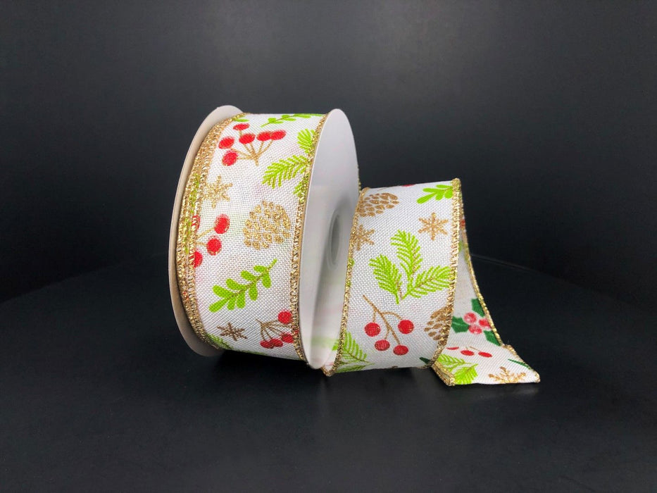 A roll of White Linen/Sparse Red-Green-Gold Berries ribbon, 1.5X10Y, features gold edges and a design of pine cones, holly leaves, and berries on a dark background.