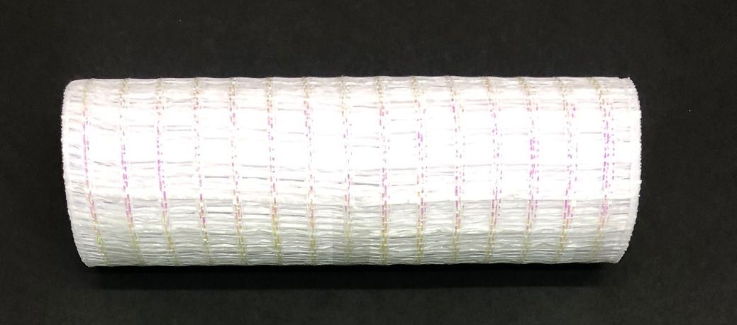 A White/Iridescent Metallic Wide Weave Mesh, 10X10Y, made of polyester with a textured finish, lies horizontally against a black background.