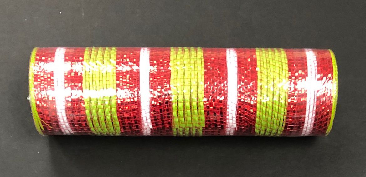 A horizontal cylindrical roll of lime fabric and red metallic-white stripe mesh, 10X10Y, features a plaid pattern on a black background.