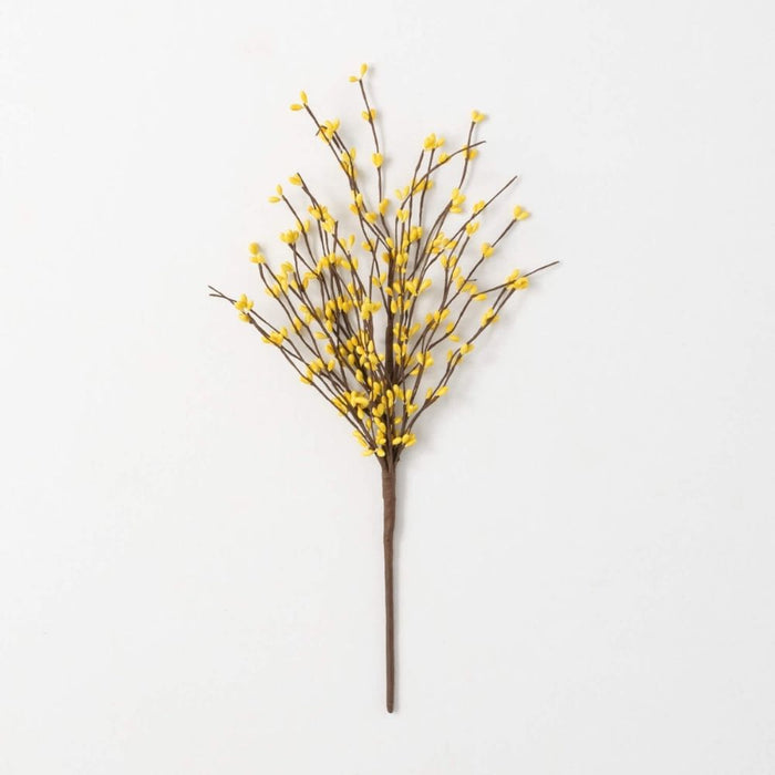 An 18 Pit Berry and Twig Pick PBTPX, featuring thin brown stems and small yellow plastic buds in a fan shape, is displayed on a plain white background.