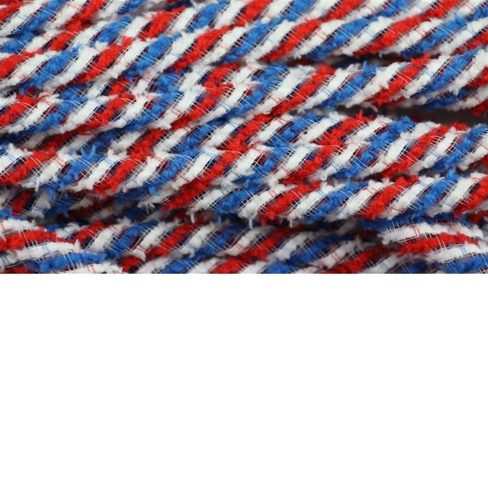 Close-up of tightly coiled Deco Flex Tubing Red White Blue Snowdrift RE3225G3, showcasing intertwined stripes in a vibrant pattern resembling an artistic holiday creation.