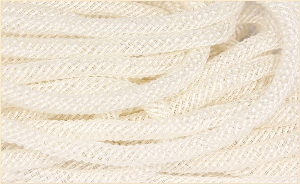 Close-up of the 8Mmx30Yd Faux Jute Flex Tubing in Cream, intricately coiled. The texture is soft and tightly woven, gently reflecting light. The cream polyester strands form interlocking patterns that add depth and detail.