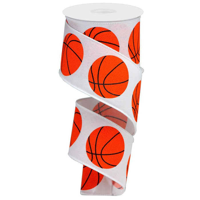 2.5" White Orange Basketball Print Ribbon RGA151627