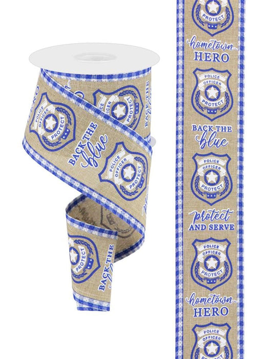 2.75"X10Yd Police Badge/Gingham Check Light Beige/Blue/White RGA80891C
