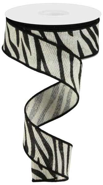 The 1.5X10Yd Animal Stripes On Royal Silver/Black ribbon twists into a spiral, revealing the spool at the top.