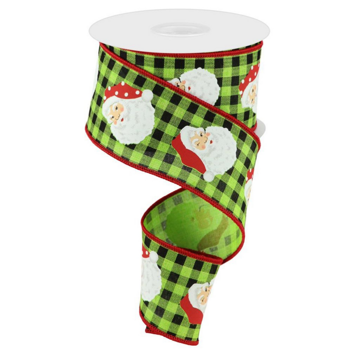 The 2.5 X 10Yd Vertical Santa Heads/Check Lime Multi (RGC1652E9) ribbon features green and black checks with vertical Santa heads, red edges, and a wire edge that helps maintain its shape when unrolled in a spiral.