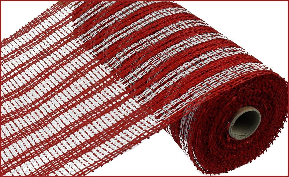 The 10"X10Yd Poly Burlap Double Stripe Mesh in Red/White (RP810634) offers a textured, woven appearance ideal for crafts or gift wrapping. This decorative ribbon features a striking red and silver stripe pattern and its partially unrolled roll highlights the vibrant design.