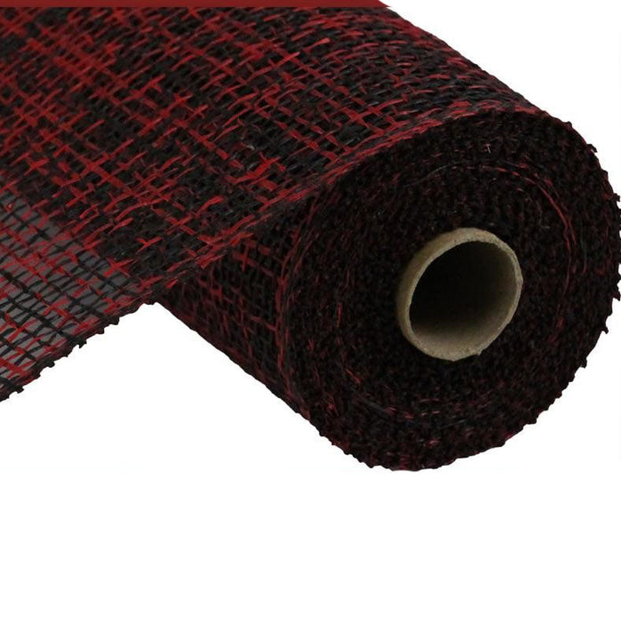 A close-up of the 10 Red Black Two Tone Poly Burlap Mesh RP8156E9, partially unrolled to showcase its black and red woven pattern, open weave, and textured finish.