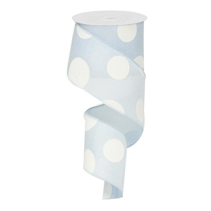 A partially unrolled spool of 2.5 Large Multi Dot Light Blue White Ribbon RX914375 with polyester wire edge spirals downward.