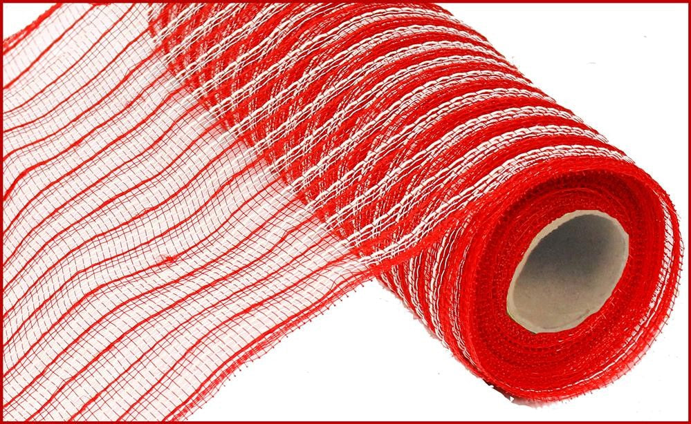 Partially unrolled, the 10.25X10Yd Poly/Faux Jute/Fiber Red/White RY800249 mesh fabric highlights its lightweight and flexible nature. Crafted from durable polypropylene, it exudes modern charm against a white background.