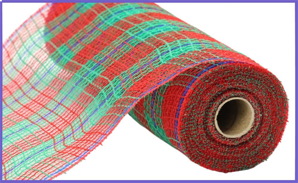 A close-up of the 10.25x10yd Faux Jute/Check/Foil Mesh in Red/Emerald/Royal Blue (RY8021T6), showing its vibrant crisscross pattern and textured faux jute material partially unrolled.