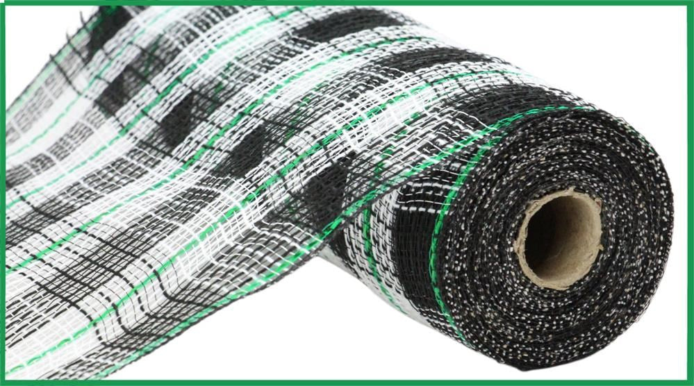 A close-up of 10.25X10Yd Faux Jute/Check/Foil Mesh in Black/White/Emerald (RY8022T5) shows the black and white check pattern with emerald stitching, displayed diagonally and highlighting the roll’s edge and cardboard core.
